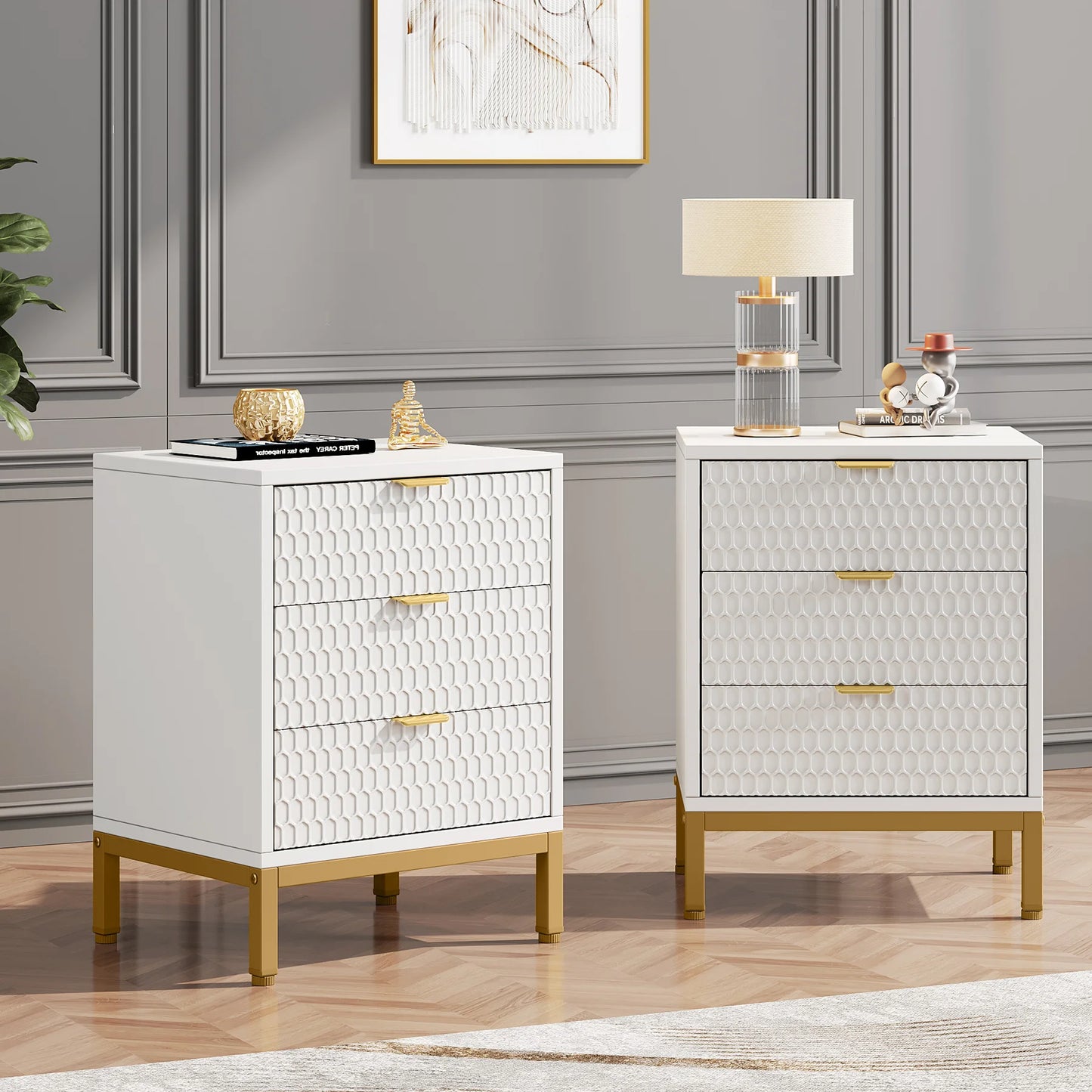 Nightstand, 65.5 cm Tall Bedside Table with 3 Drawers, Contemporary End Side Table with Storage