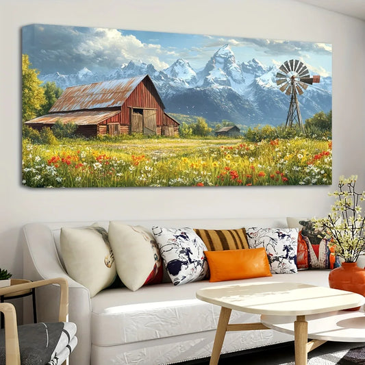 1.5 inch thick pine solid wood frame, natural canvas painting of country farmhouse, modern home art, interior decoration