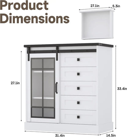 Dresser for Bedroom 6 Drawer Dresser with Slide Glass Door Farmhouse Tall Chest of Drawers Storage