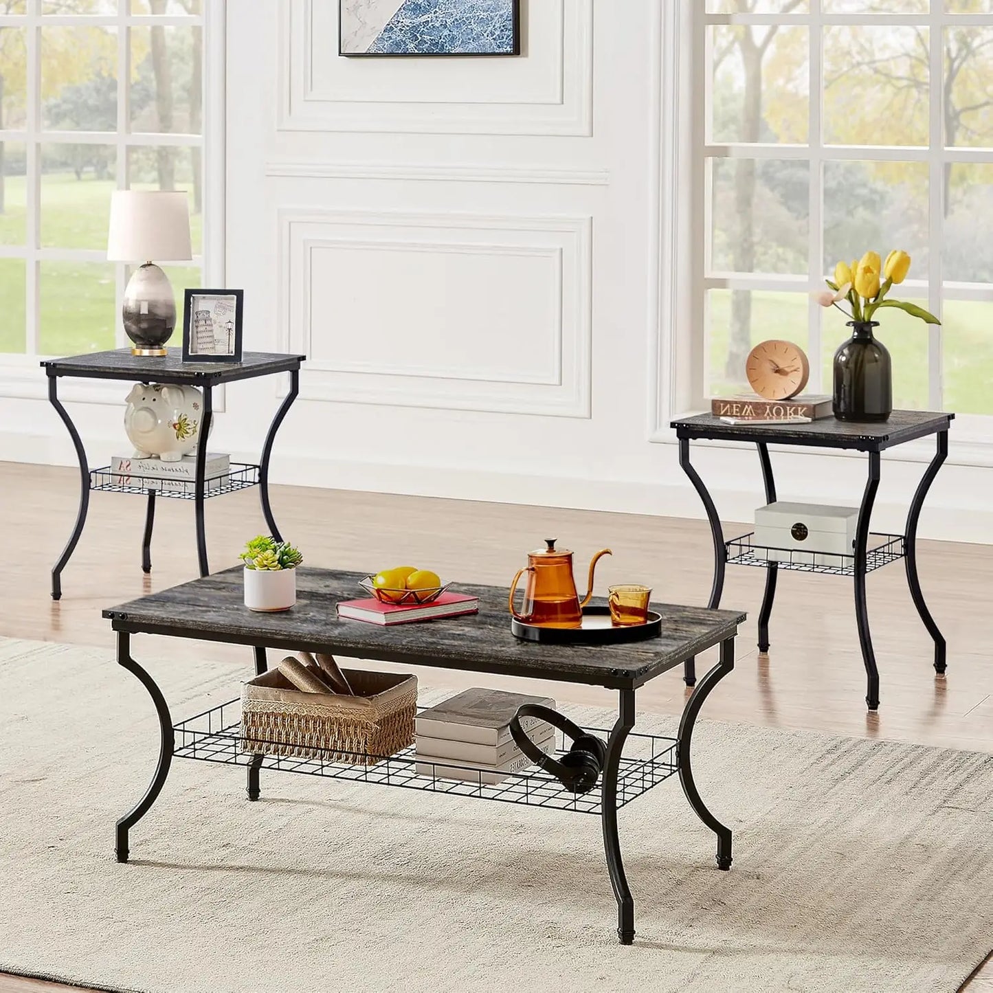 3 Pieces Living Room Table Sets, Coffee and End Tables with Open Storage Shelves