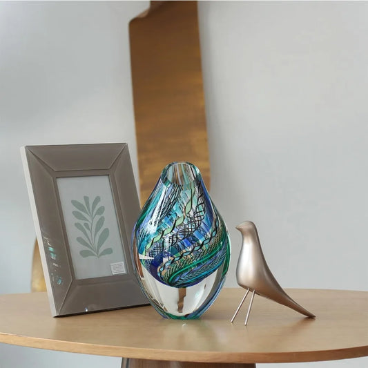 Drop Glass Vase Twisted Hippie Blue/Green Canes Hand Blown Murano-Style Art Glass