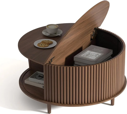 Round Coffee Table with Storage with Sliding Cabinet Door for Living Room