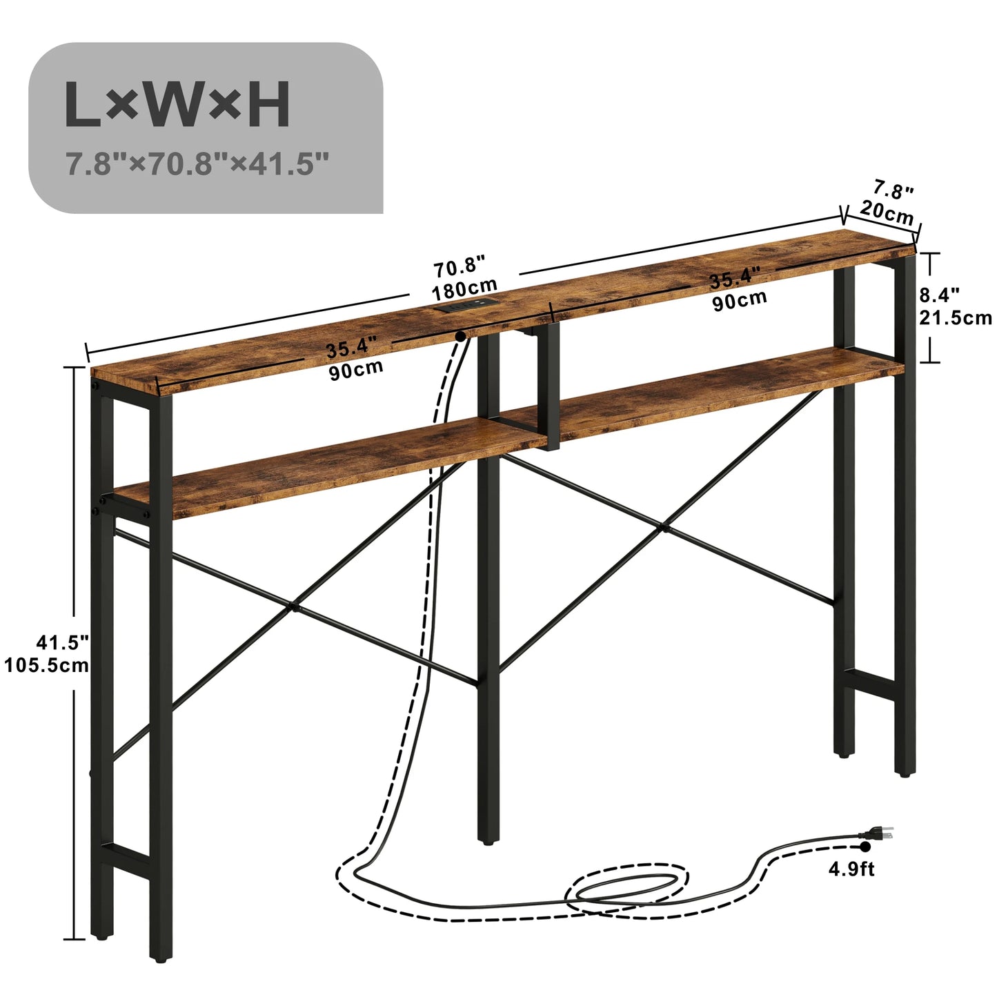 Console Table with Power Outlet, Long Sofa Table with Shelves and X-Shaped Design