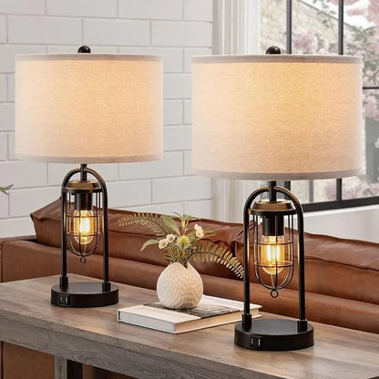 Set of 2 Farmhouse Table Lamps With USB Ports and Night Light