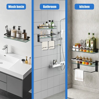 Glass Bathroom Shelf with Towel Bar 15.7in