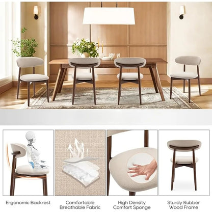 Wooden Dining Chairs Set of 4, Modern Fabric Upholstered Kitchen Side Chairs, Farmhouse Dining Room Chair with Foot Pegs, Beige