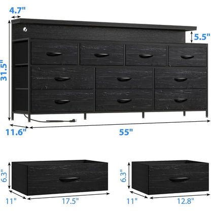 10 Drawers Dresser with LED Lights & Power Outlets