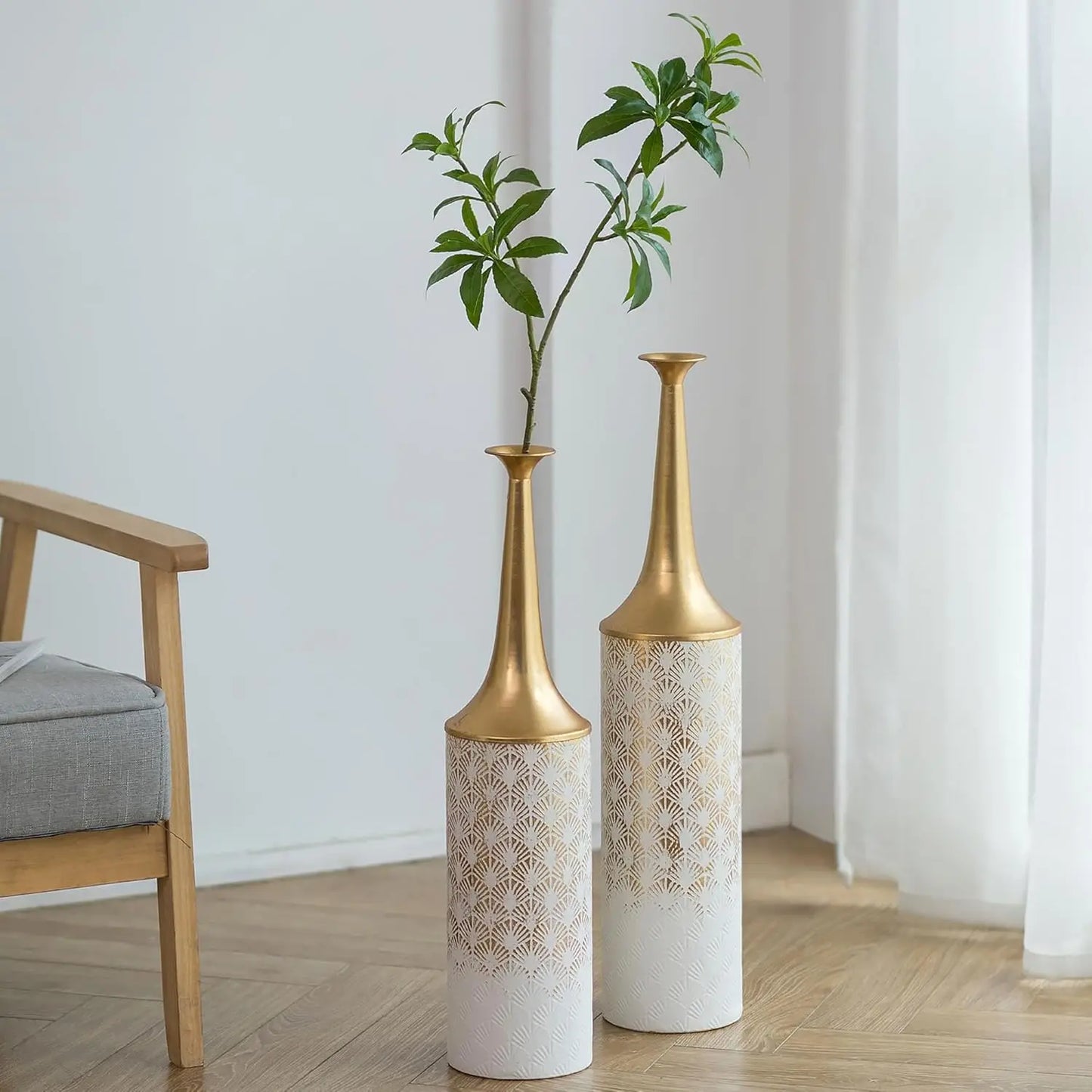 Set of 2 Big Metal Glazed Vases for Pampas Grass Twigs Vintage