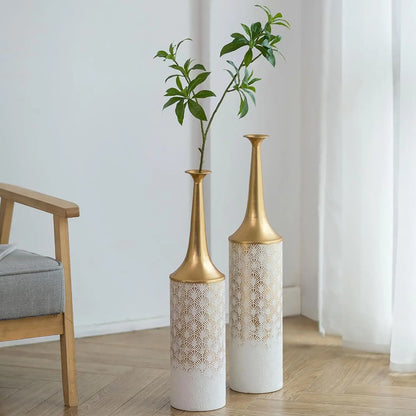 Set of 2 Big Metal Glazed Vases for Pampas Grass Twigs Vintage