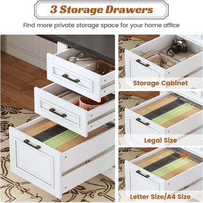 Farmhouse 69" Executive L Shaped Desk, Home Office Desk with Drawers and Storage Cabinet & Power Outlet