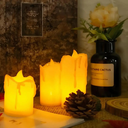 3Pc Dripping Wax Tea Light 55/70/85MM, Realistic Votive LED Electronic Candles Battery Operated