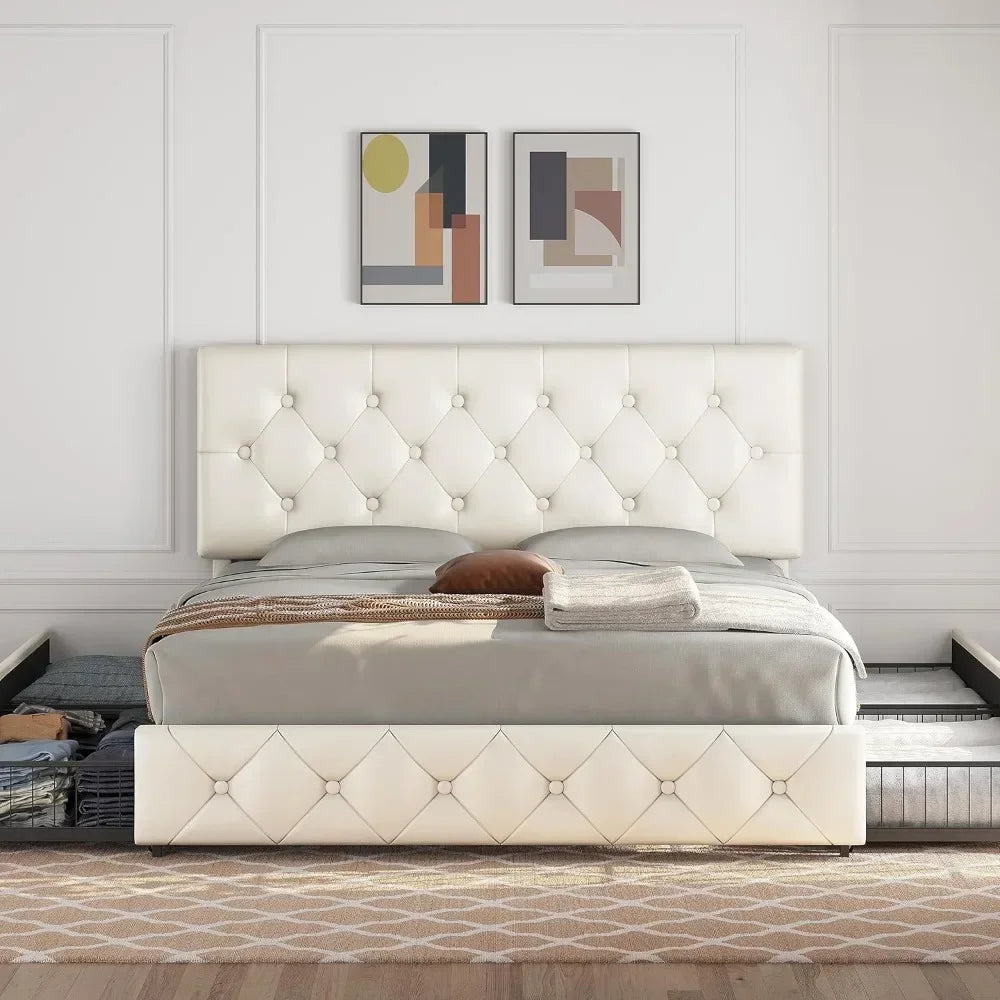 Faux Leather Platform Bed with Mattress Foundation and 4 Drawers