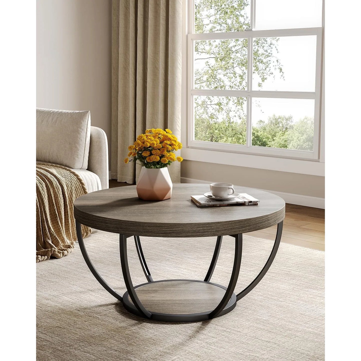 32" Circle Marble Coffee Tables, 2-Tier Golden Metal Legs Accent Center Table with Open Storage