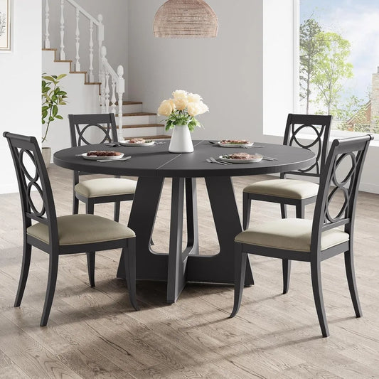 Farmhouse  47-Inch Round Large Dining Table Set for 4 to 6,  with Wooden Top and Legs for Home Dining Room or Living