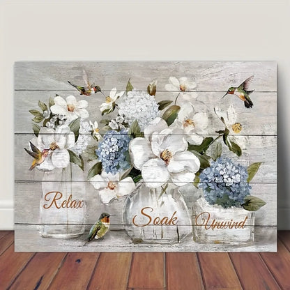 1.5 inch thick pine frame rustic farmhouse canvas wall art, elegant white floral and hummingbird design, interior decor