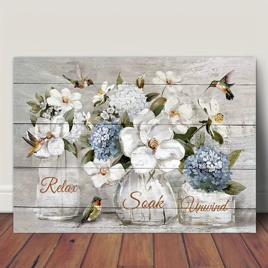 1.5 inch thick pine frame rustic farmhouse canvas wall art, elegant white floral and hummingbird design, interior decor