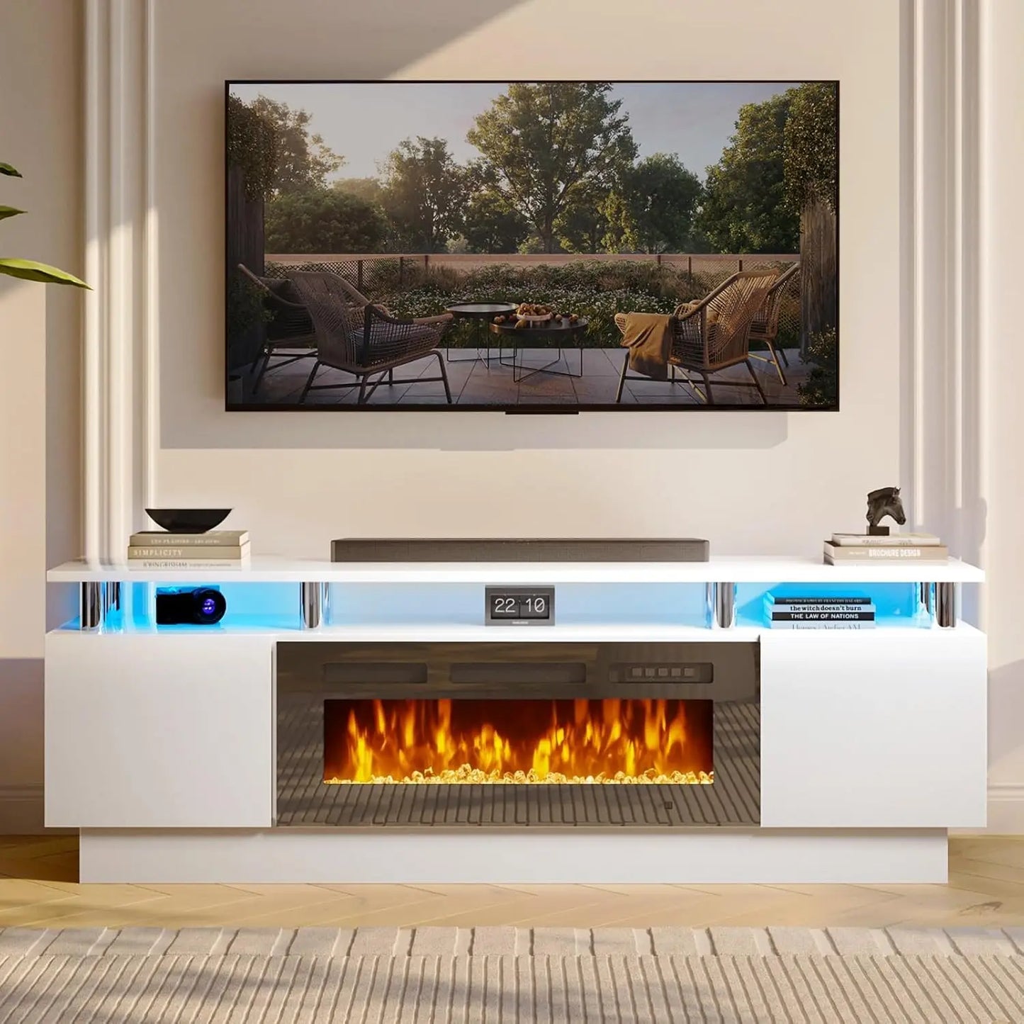 70" Modern Electric Fireplace TV Stand for TVs Up to 80 inch, with Electronic Flame and LED Lights