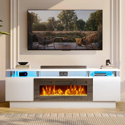 70" Modern Electric Fireplace TV Stand for TVs Up to 80 inch, with Electronic Flame and LED Lights